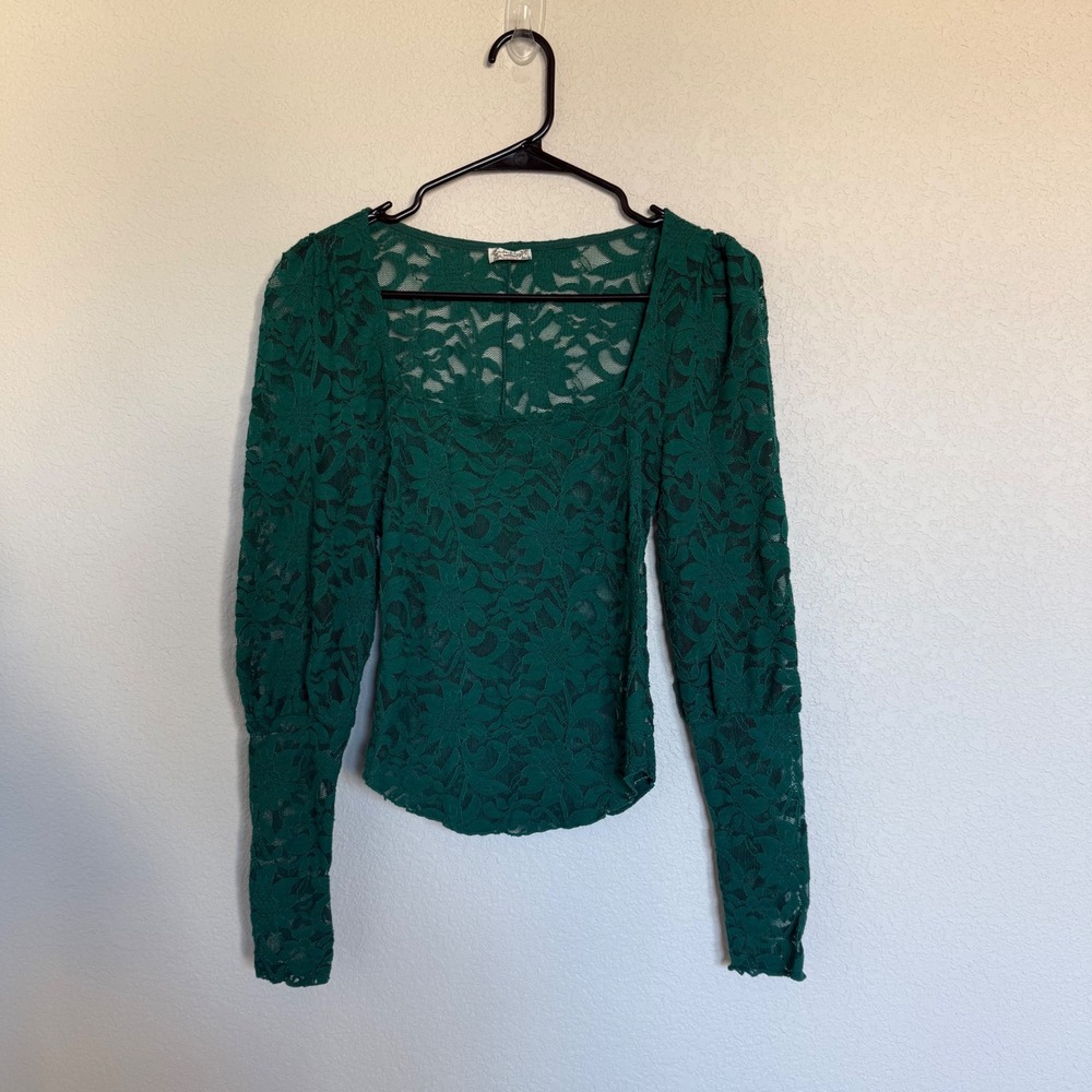 Intimately Free People Green Lace Square Neck Puff Sleeve Top Whimsigoth Boho XS